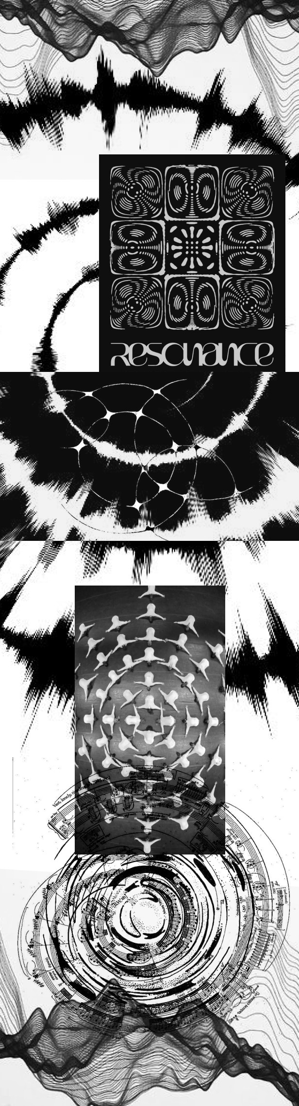 Chorale moodboard: waveforms, spirals and resonance patterns translated from sound into visual form