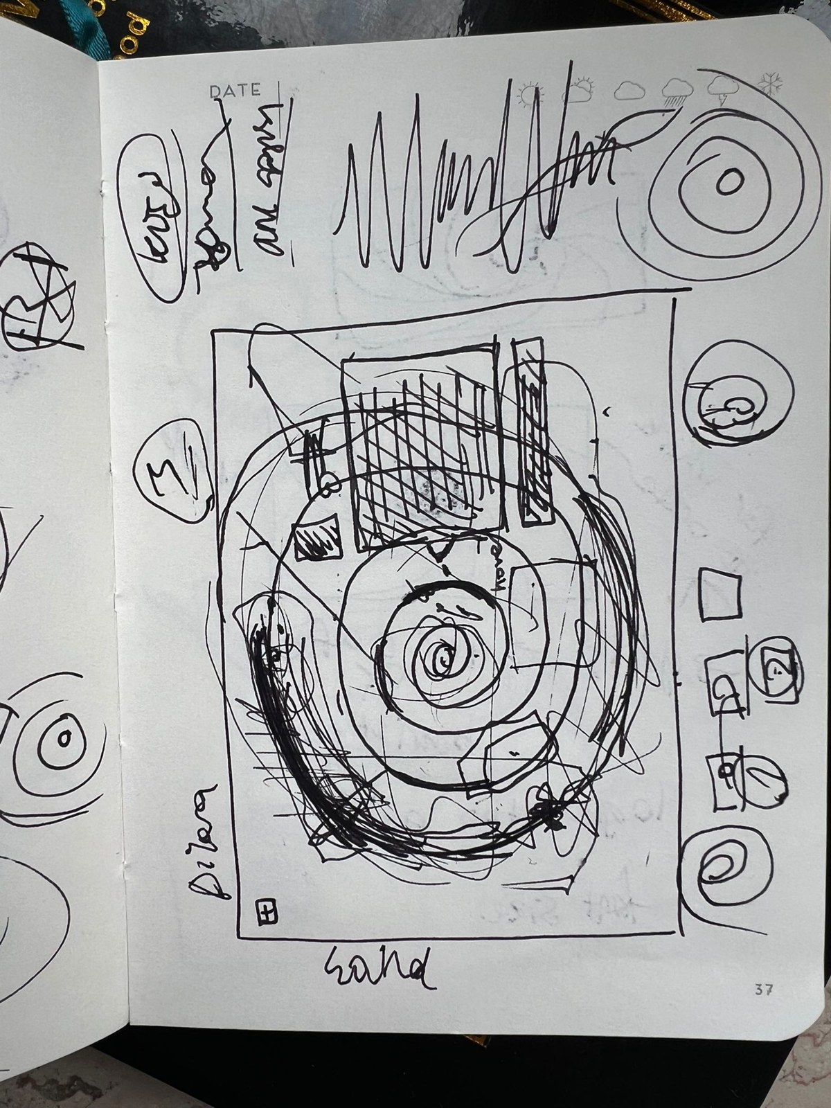 Sketchbook page working through the memorial page composition by hand