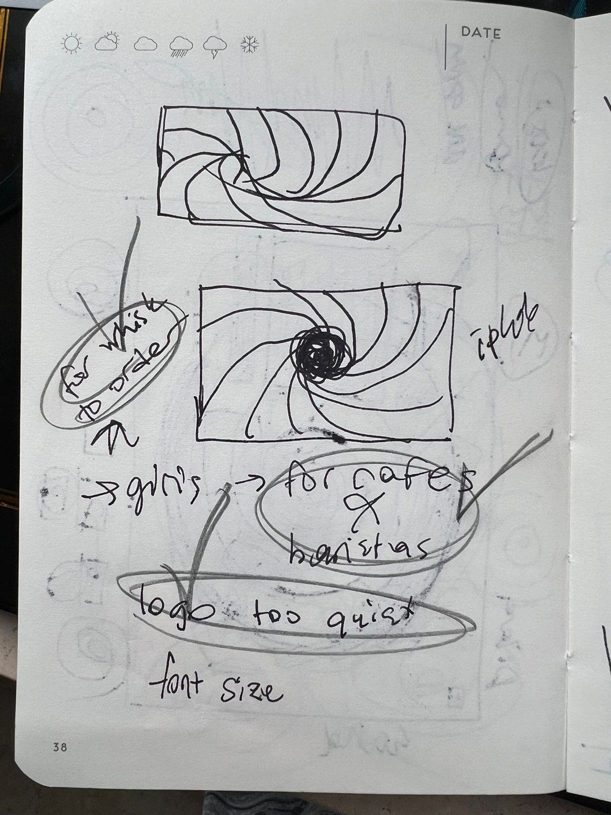 Sketchbook page refining the spiral logo form, with notes on legibility