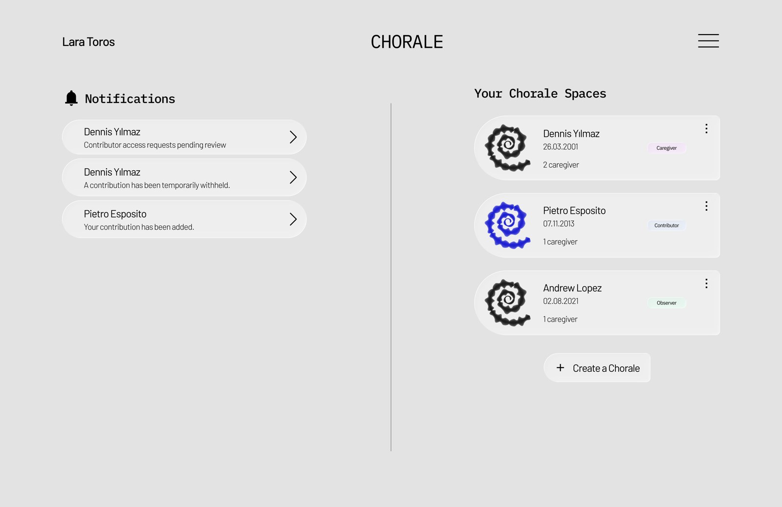 Final UI: notifications and a list of the user's Chorale spaces with their role on each