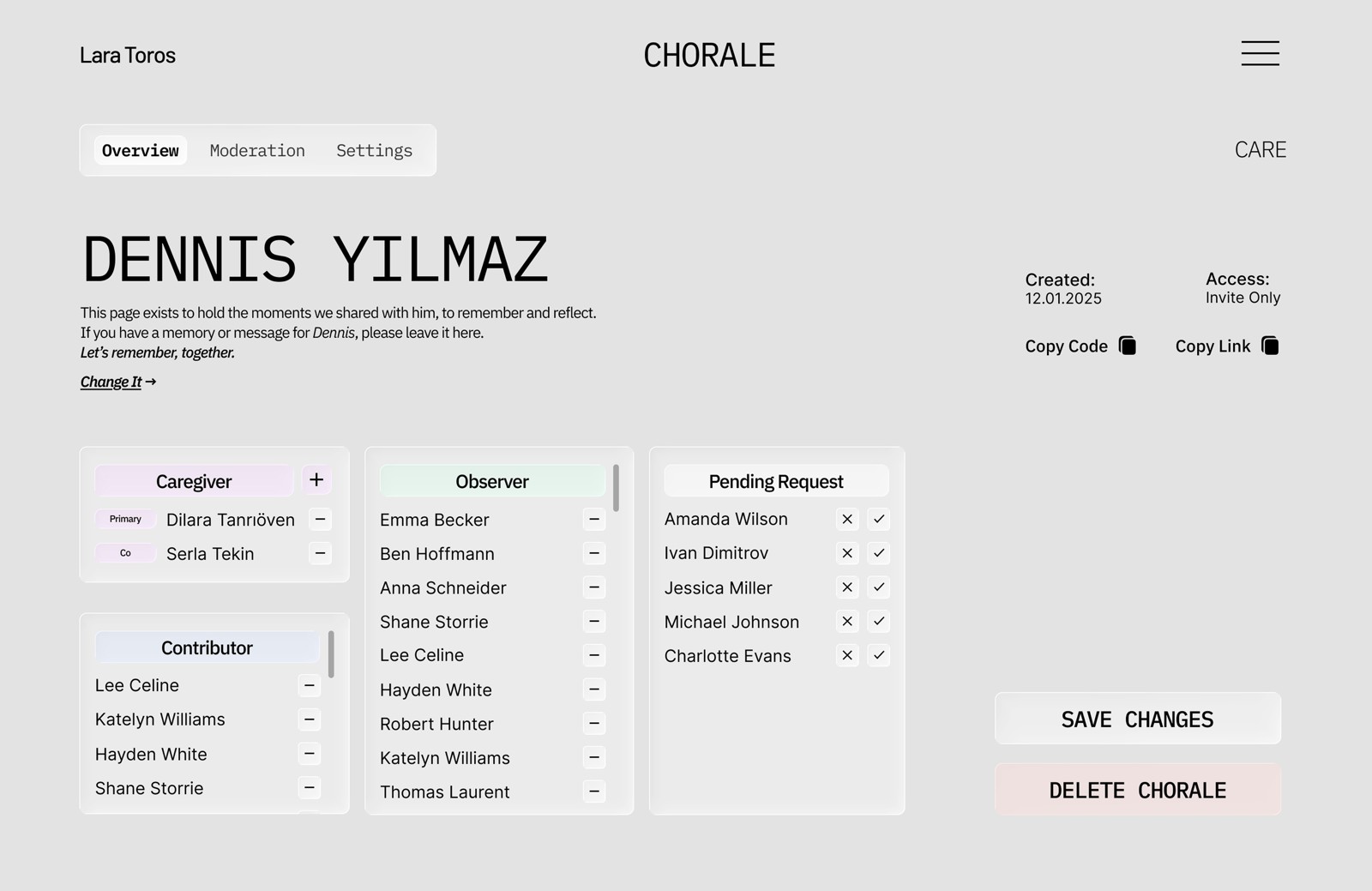 Final UI: caretaker governance panel managing caregivers, contributors, observers and pending requests