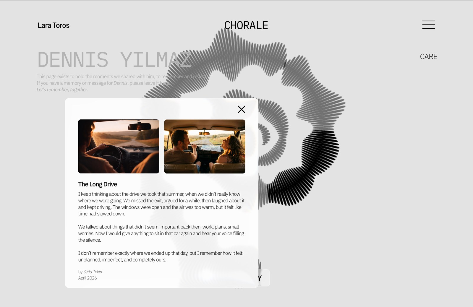 Final UI: a contributed memory, The Long Drive, shown as a modal over the spiral