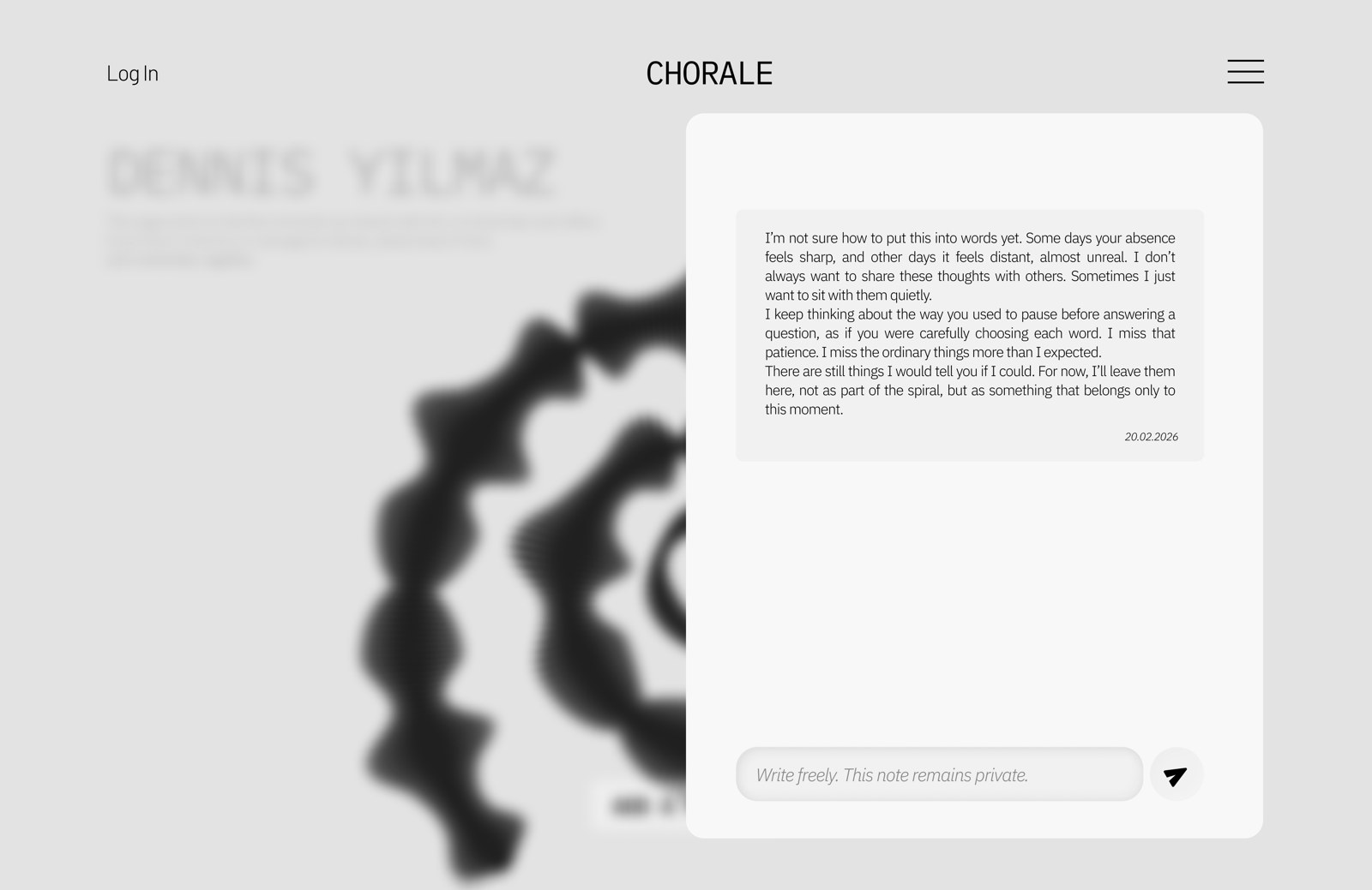 Final UI: private quiet notes layer, not visible to others and not part of the shared spiral