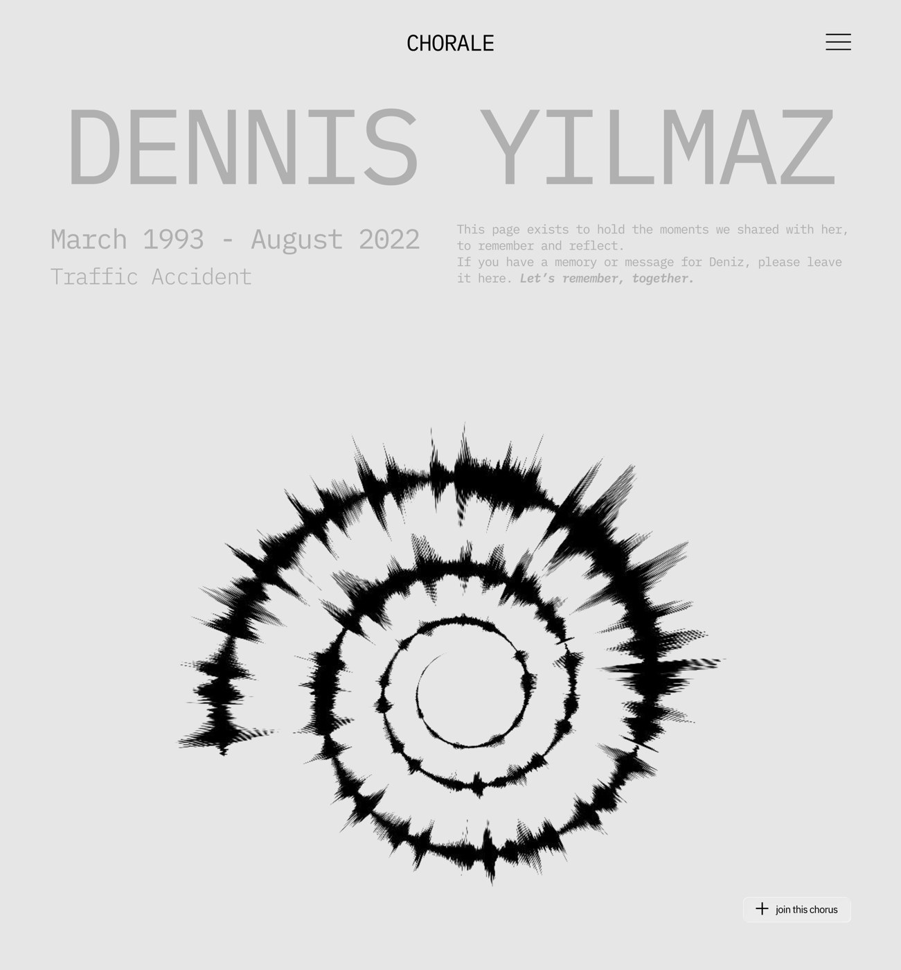 Wireframe of the Dennis Yilmaz memorial page populated with name, dates and cause