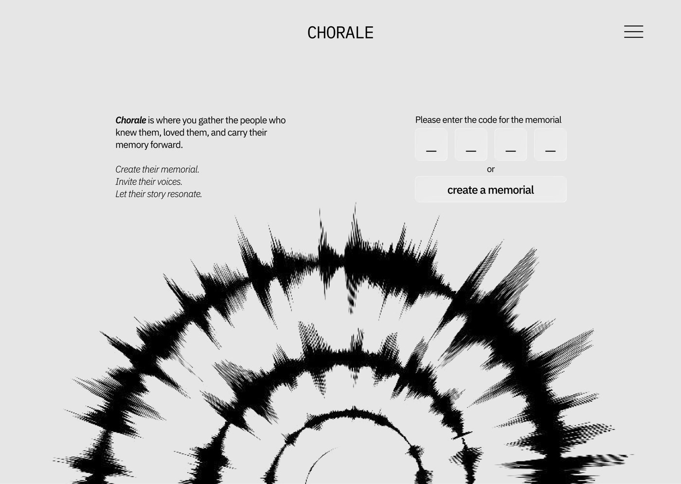 Wireframe of the entry screen: enter a memorial code or create a memorial