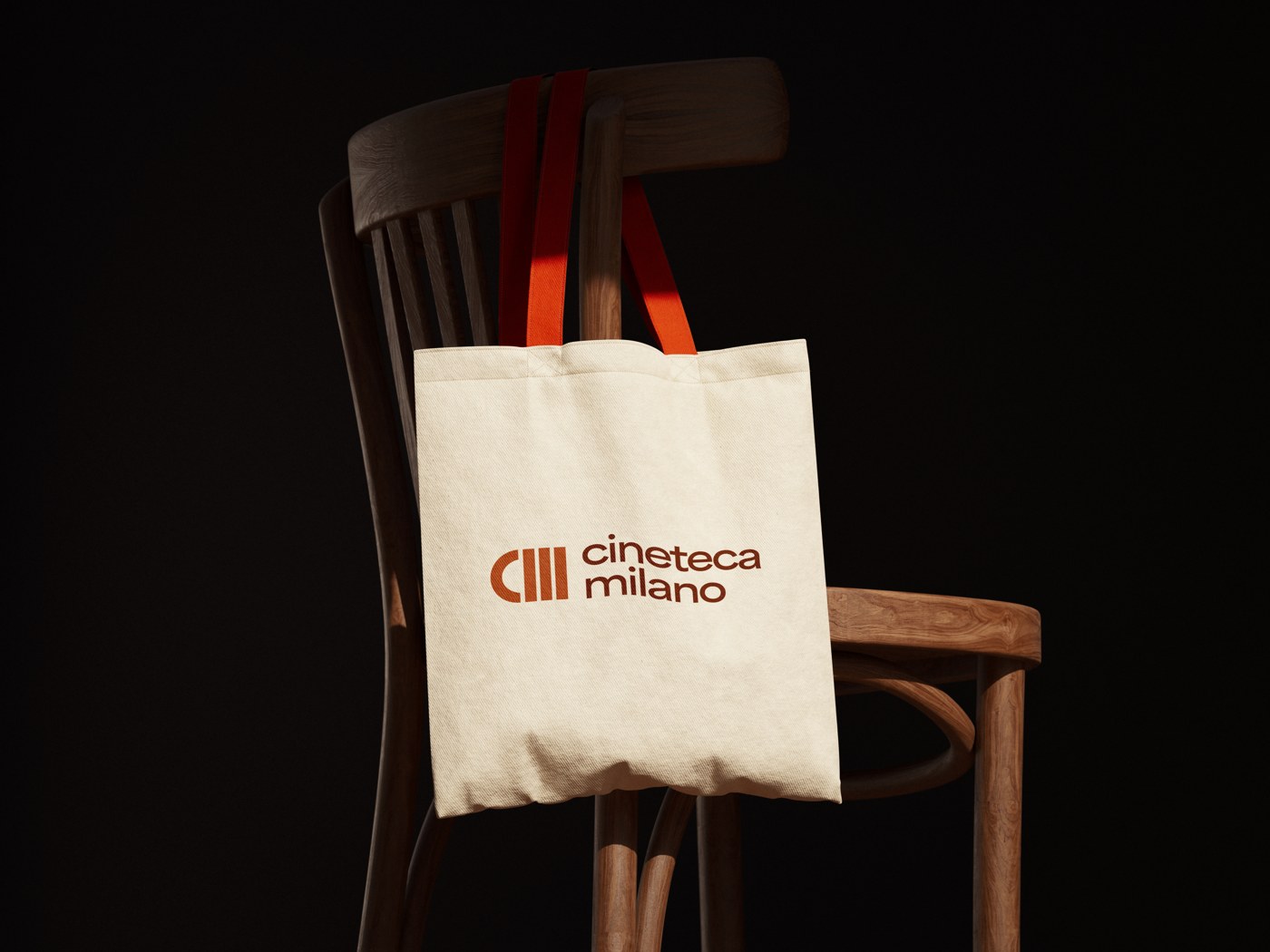 Cineteca Milano tote bag mockup, showing the new mark applied off-screen