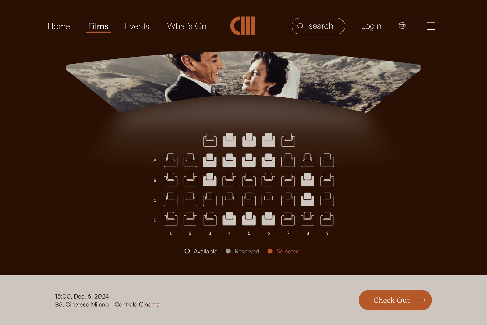 Redesigned seat selection inside the Cineteca Milano site, over the film's own imagery