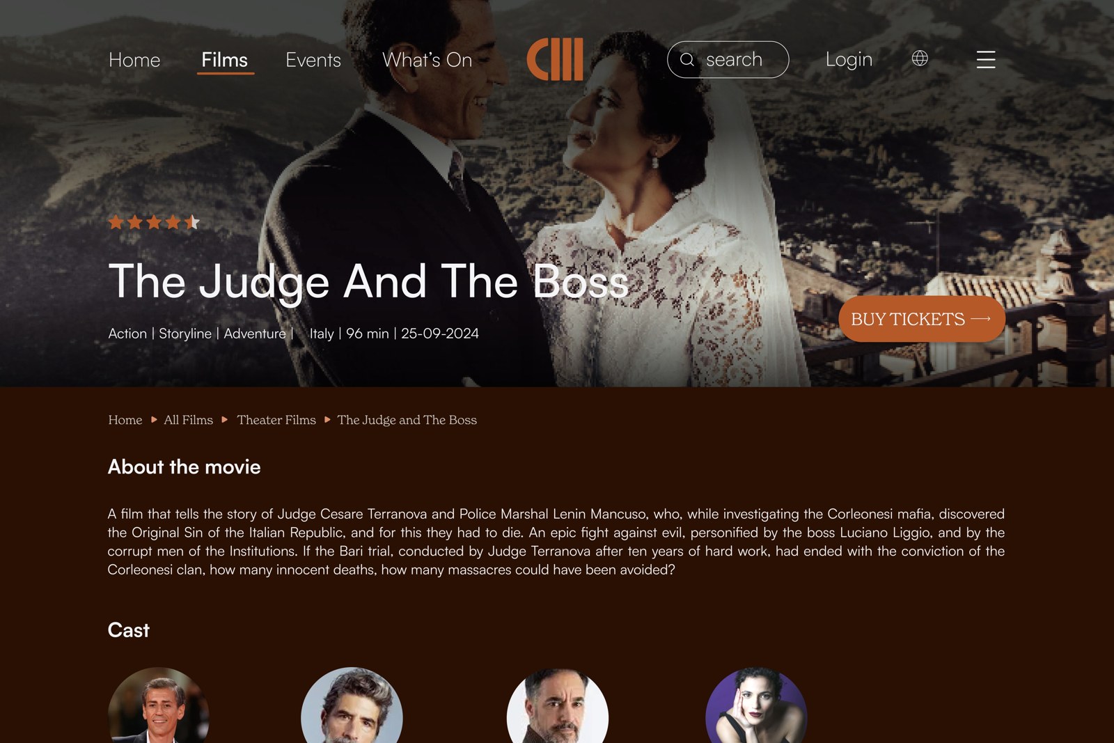 Redesigned film page: rating, genre and length under the title, a breadcrumb, synopsis and cast with photos
