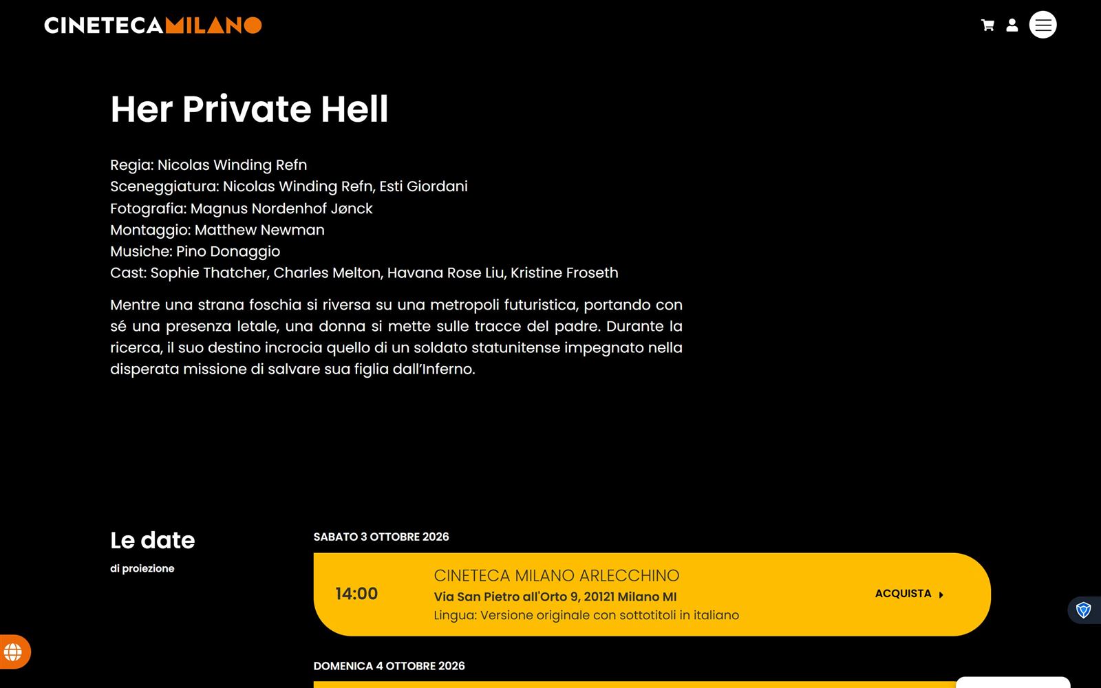 Current film page: credits as a plain text list on black, followed by screening dates