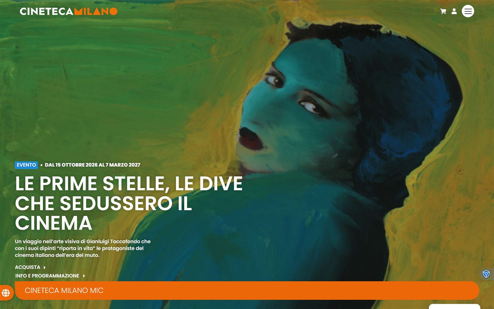 Current Cineteca Milano home page: a full-screen event image, with only cart, account and menu icons in the header