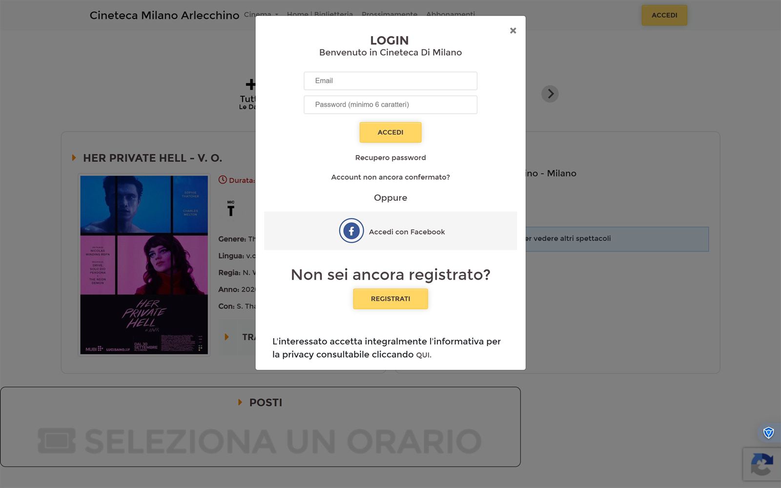 Current flow: choosing a showtime opens a mandatory login window before any seat is shown