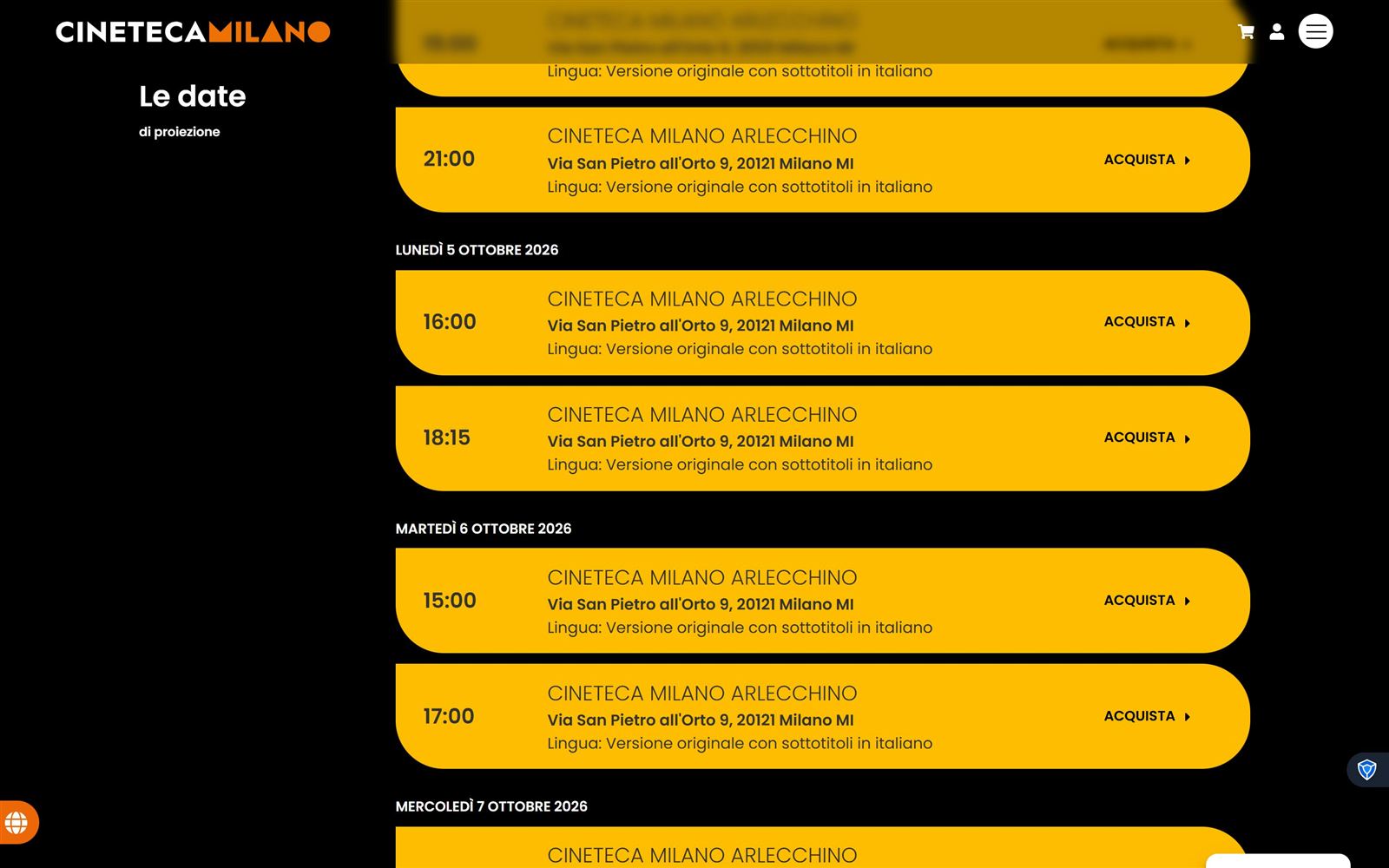 Current screening list: one tall yellow card per showtime, each repeating the cinema name, address and language