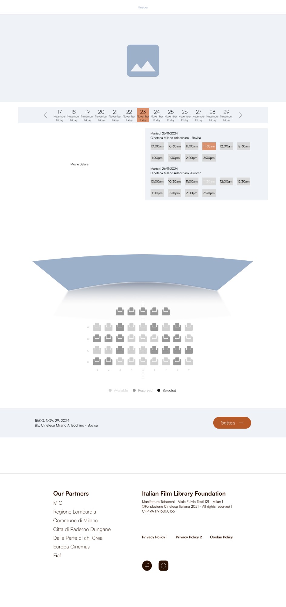 Wireframe of the booking flow: date strip, screening times per cinema, and seat selection