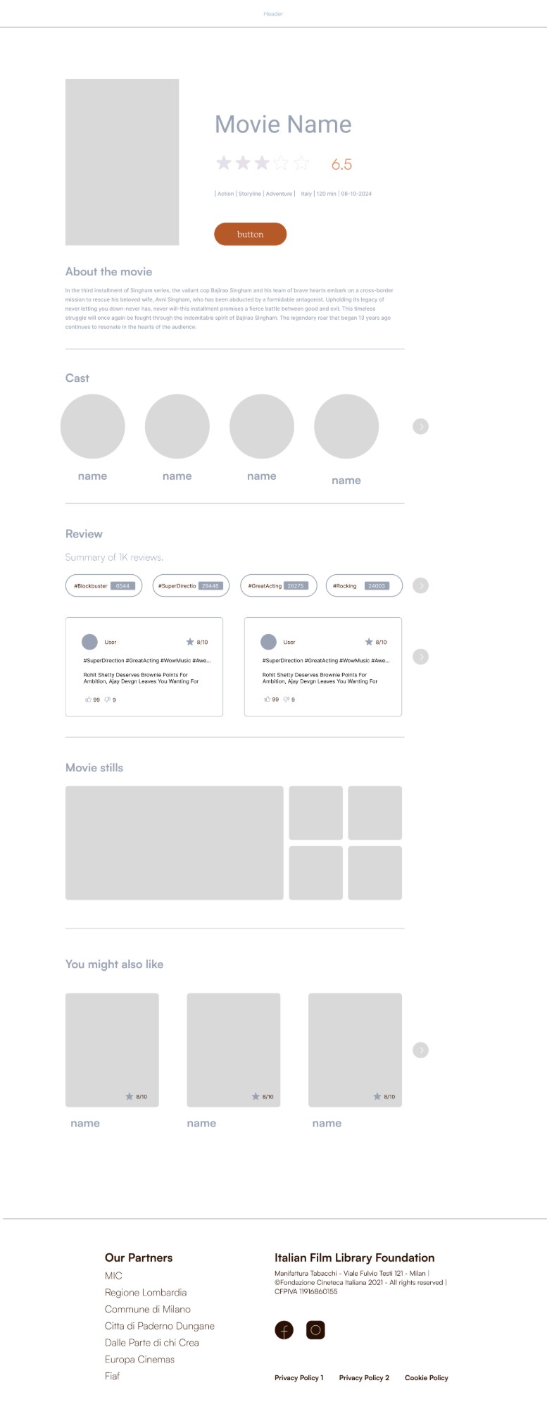Wireframe of the film detail page: poster, rating, synopsis, cast, reviews, stills and recommendations