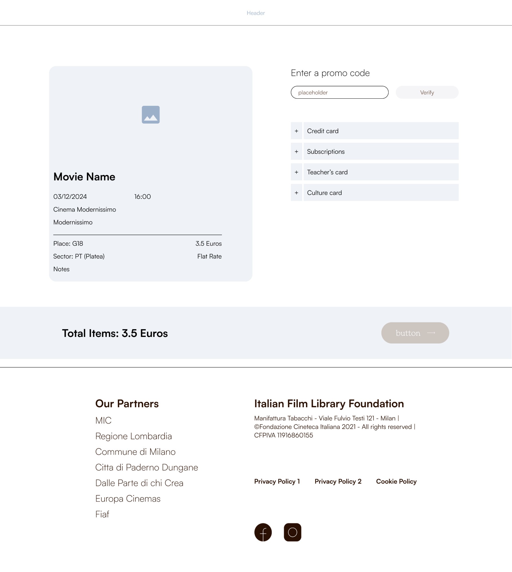 Wireframe of the payment step: ticket summary, promo code and payment options including teacher's and culture cards