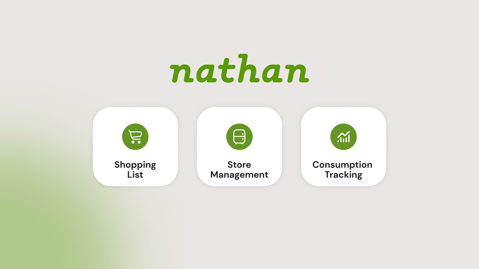 Nathan logotype with its three core features: shopping list, store management, consumption tracking
