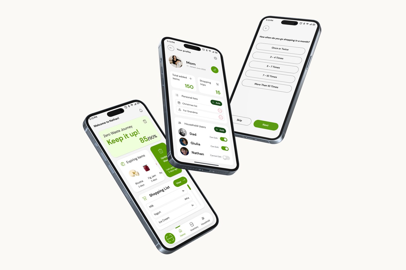 Nathan app screens: home with zero waste score and expiring items, household profile, and onboarding