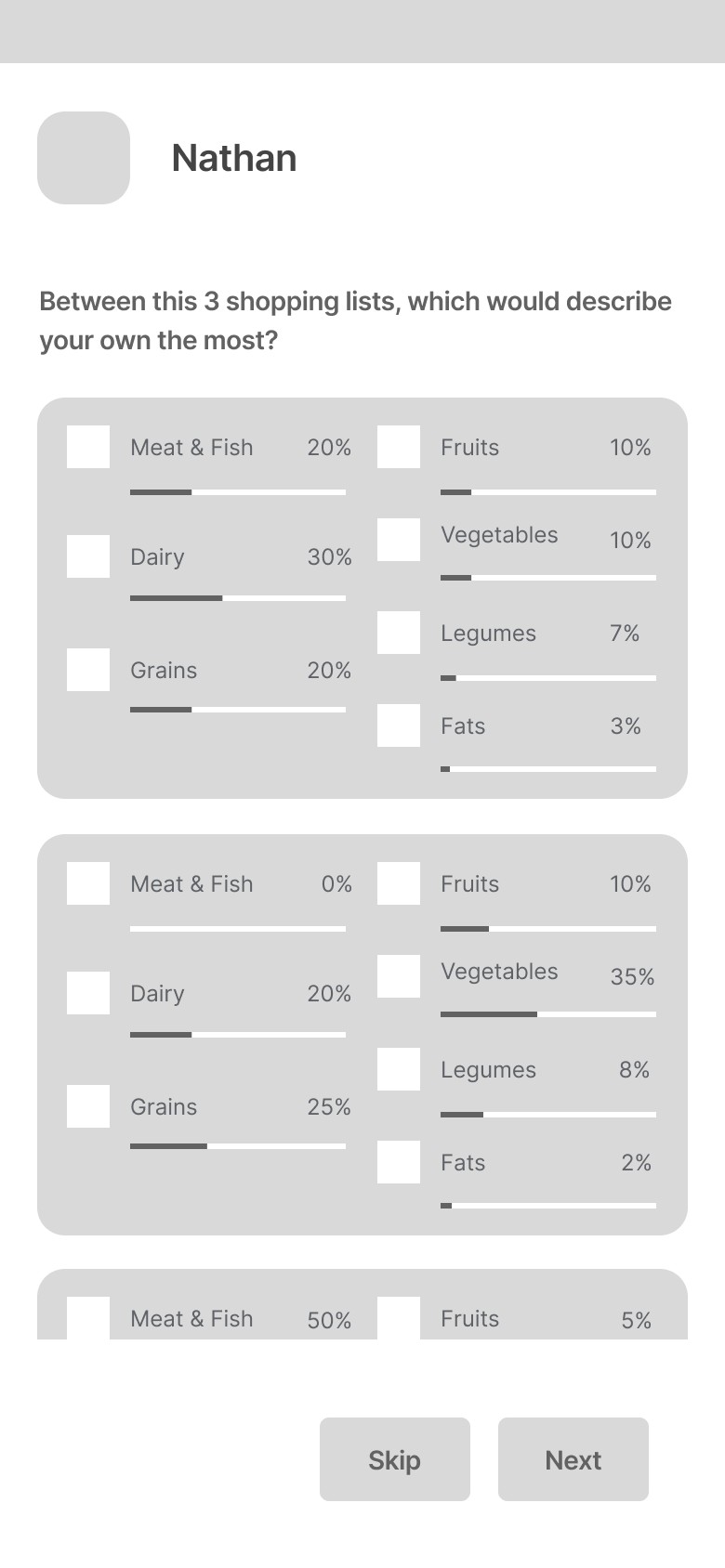 Onboarding wireframe: choose the shopping list that describes yours the most